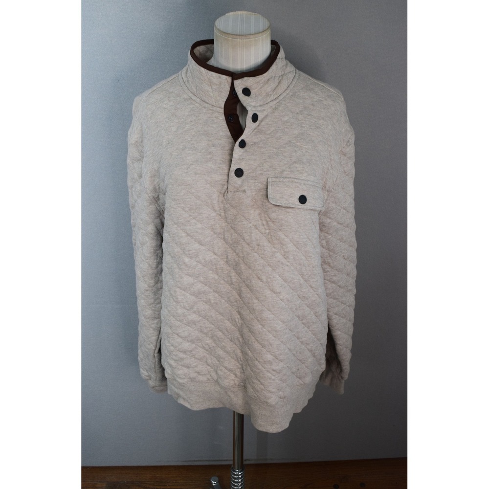 Faherty Epic Quilted Fleece Pullover Large Oatmeal Snap Mock Neck Mens Sweater